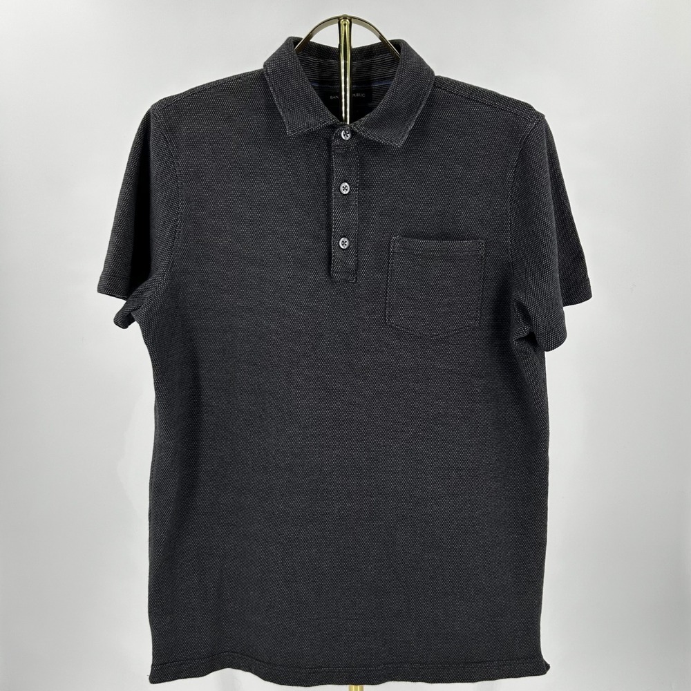Banana Republic Mens Standard Fit Polo Shirt Black/Gray Textured Pocket L Tall